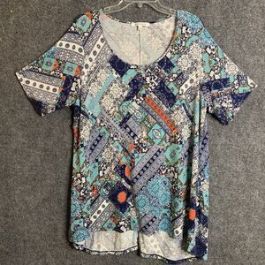 Rose + Olive Tunic Top Women 2X Short Sleeve Hi- Low Multicolor Split Back Hem